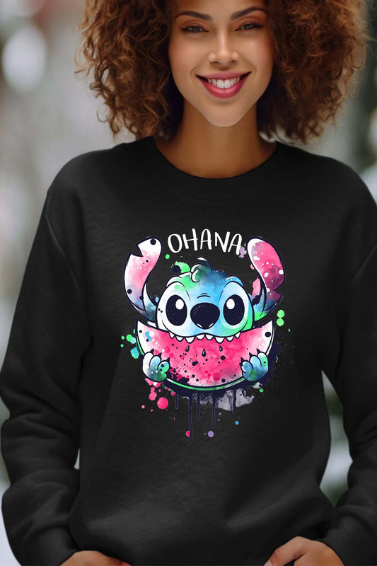 COULEUR:Noir|Sweat Col Rond Femme | Stitch ohana Pastèque Noir