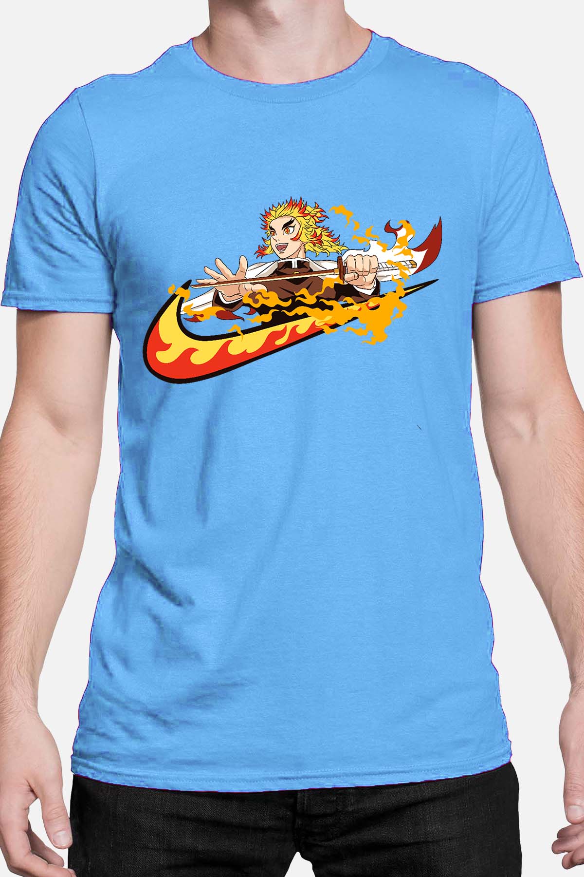 COULEUR:Bleu Ciel|T-shirt Homme | Virgule Slayer Rengoku Bleu Ciel