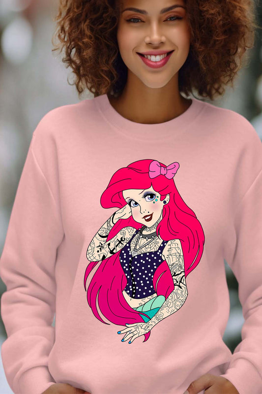 COULEUR:Rose|Sweat Col Rond Femme | ariel tatoué Rose