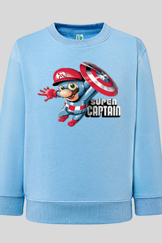 COULEUR:Bleu Ciel|Sweat Col Rond Garçon | captain mario Bleu Ciel