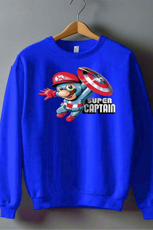COULEUR:Bleu Roi|Sweat Col Rond Garçon | captain mario Bleu Roi