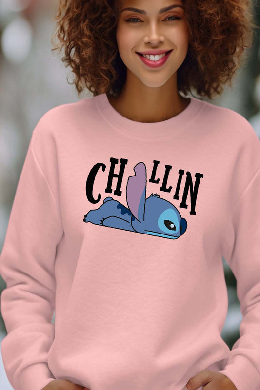 COULEUR:Rose|Sweat Col Rond Femme | chillin stitch Rose