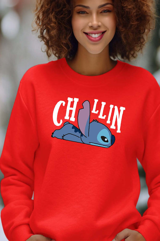 COULEUR:Rouge|Sweat Col Rond Femme | chillin stitch Rouge