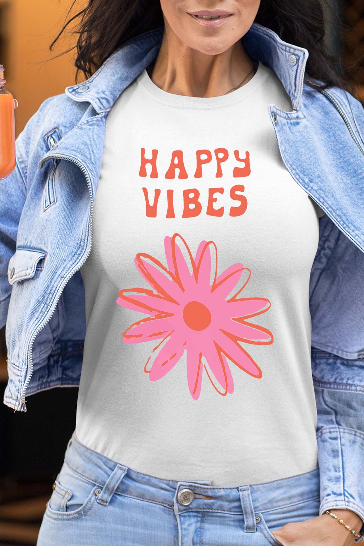 COULEUR:Blanc|T-shirt Femme | happy vibes fleur Blanc