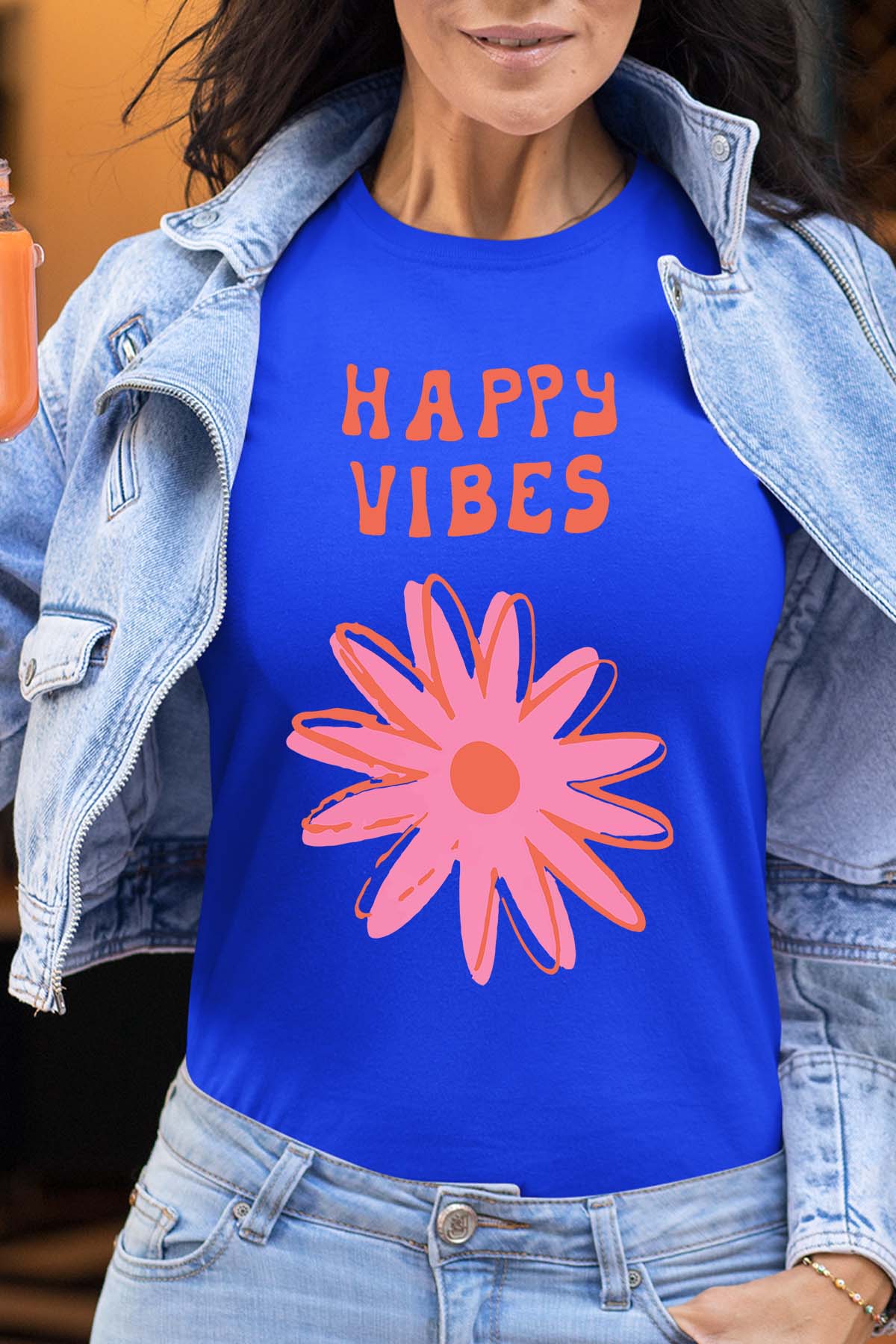 COULEUR:Bleu Roi|T-shirt Femme | happy vibes fleur Bleu Roi