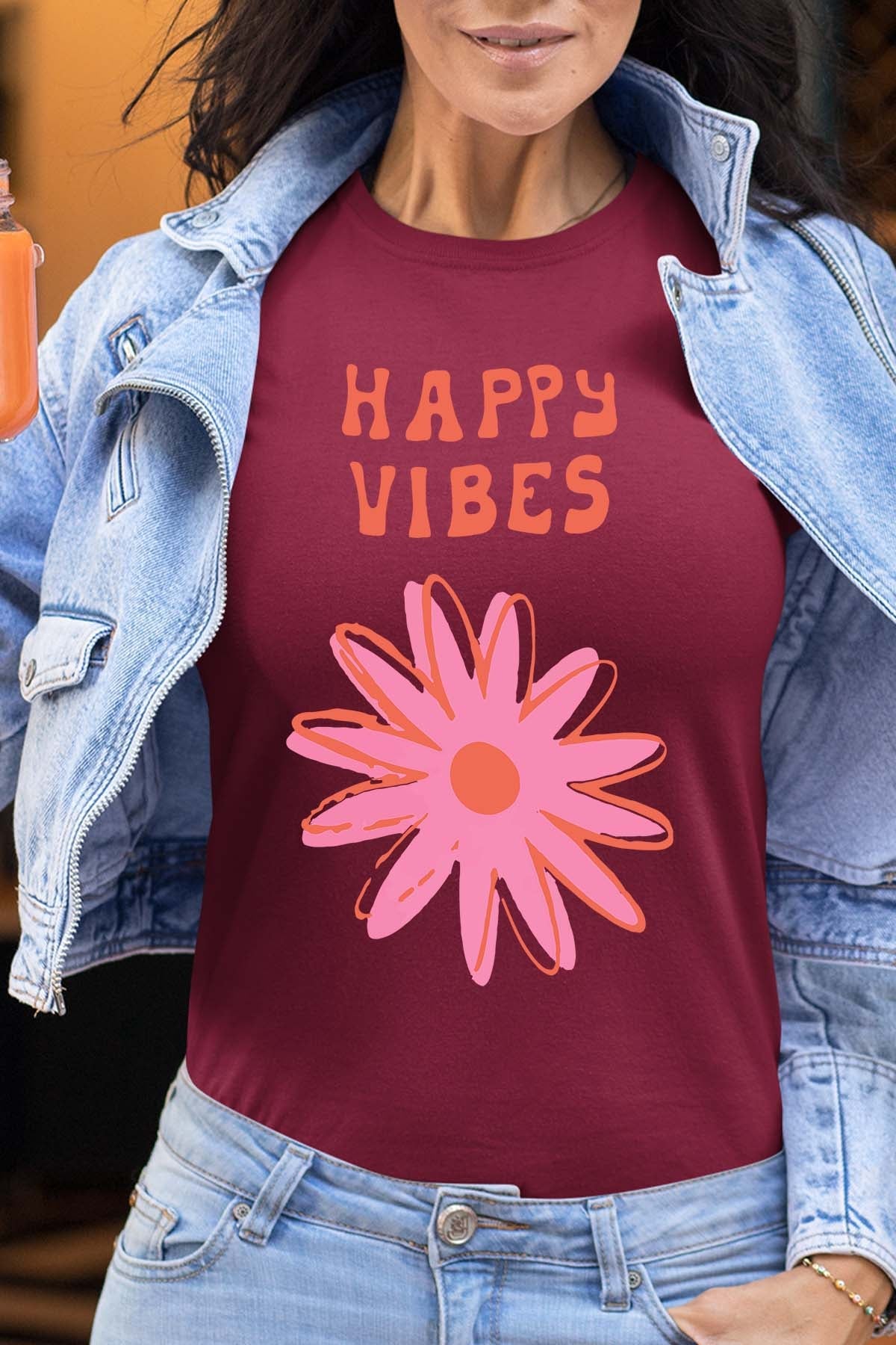COULEUR:Bordeaux|T-shirt Femme | happy vibes fleur Bordeaux