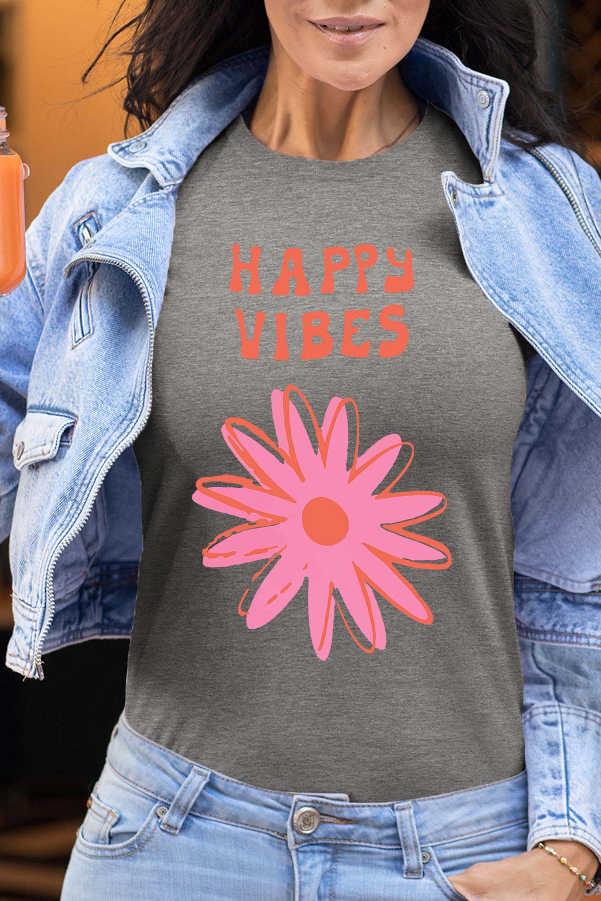 COULEUR:Gris|T-shirt Femme | happy vibes fleur Gris