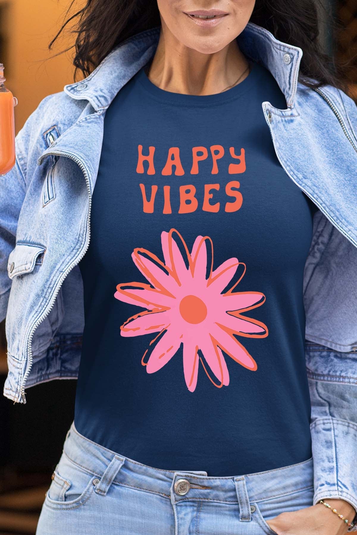 COULEUR:Marine|T-shirt Femme | happy vibes fleur Marine