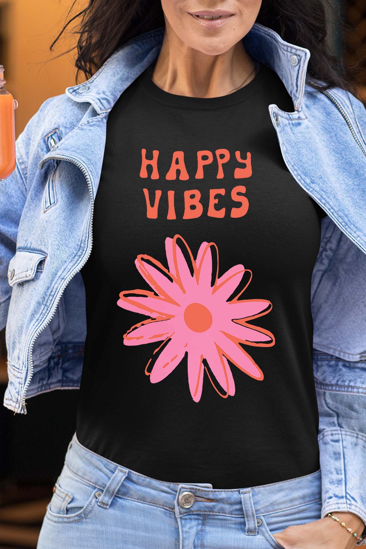 COULEUR:Noir|T-shirt Femme | happy vibes fleur Noir
