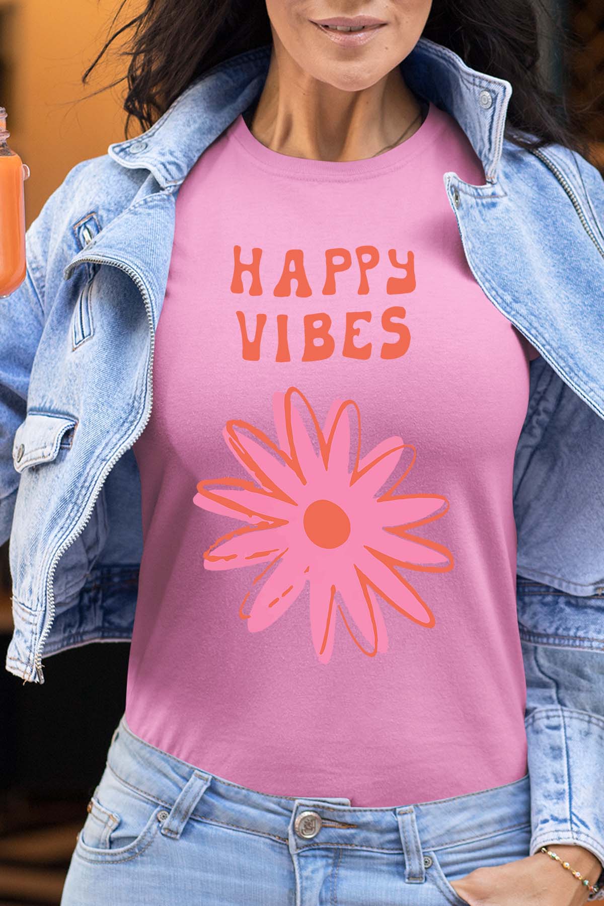 COULEUR:Rose|T-shirt Femme | happy vibes fleur Rose