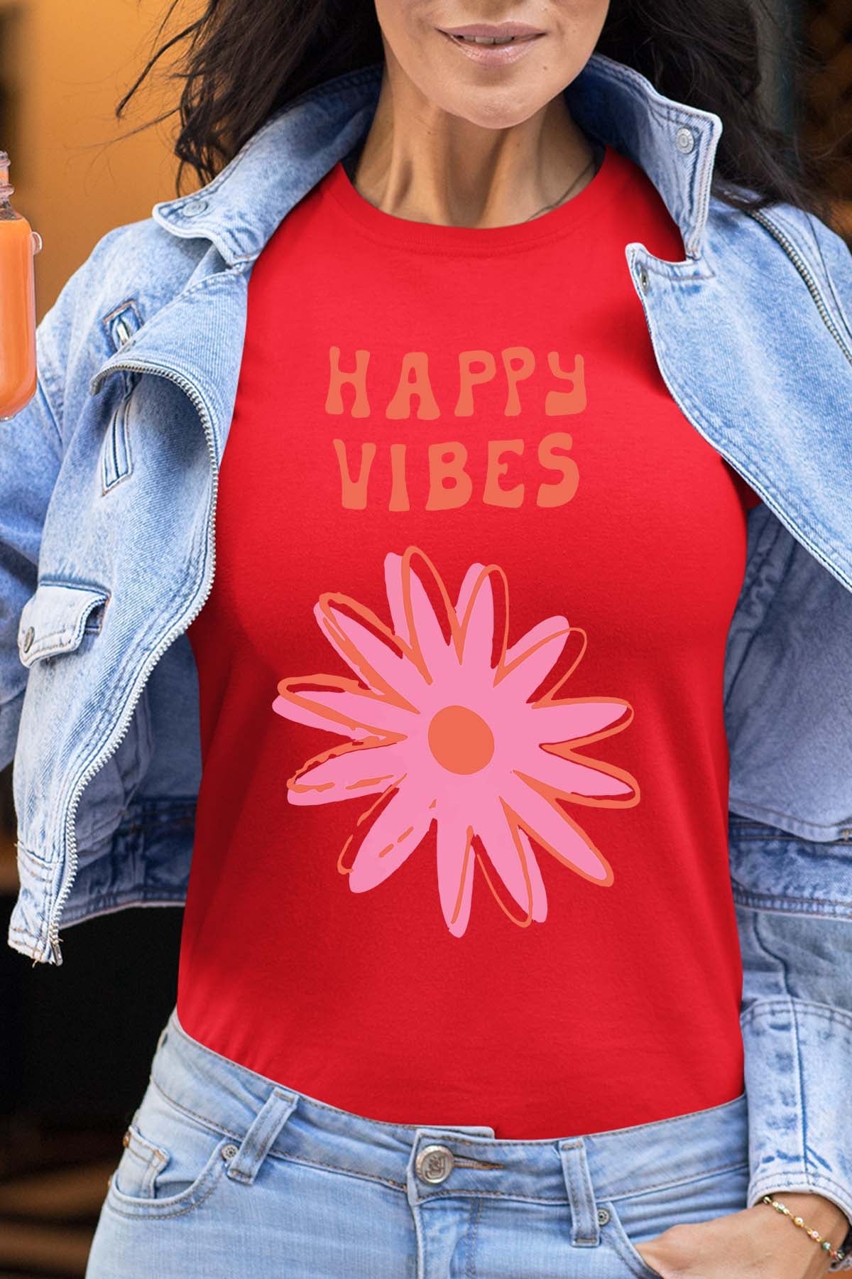 COULEUR:Rouge|T-shirt Femme | happy vibes fleur Rouge