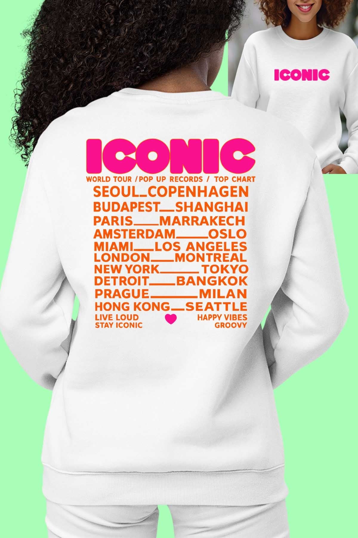 COULEUR:Blanc|Sweat Col Rond Femme | iconic Fluo Orange Blanc
