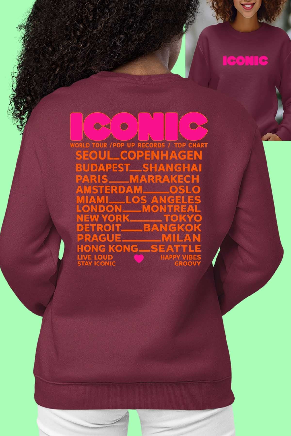 COULEUR:Bordeaux|Sweat Col Rond Femme | iconic Fluo Orange Bordeaux