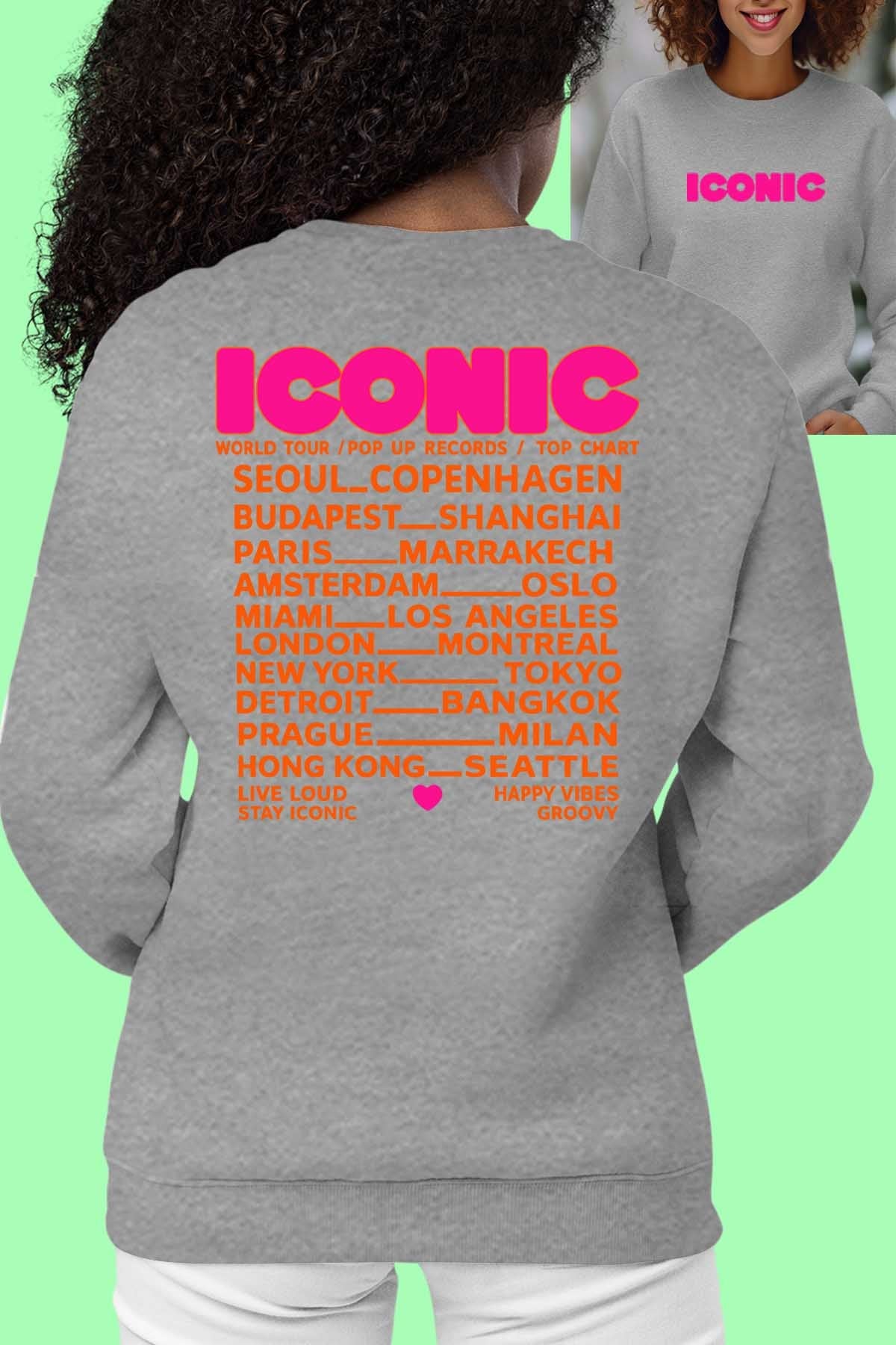 COULEUR:Gris|Sweat Col Rond Femme | iconic Fluo Orange Gris