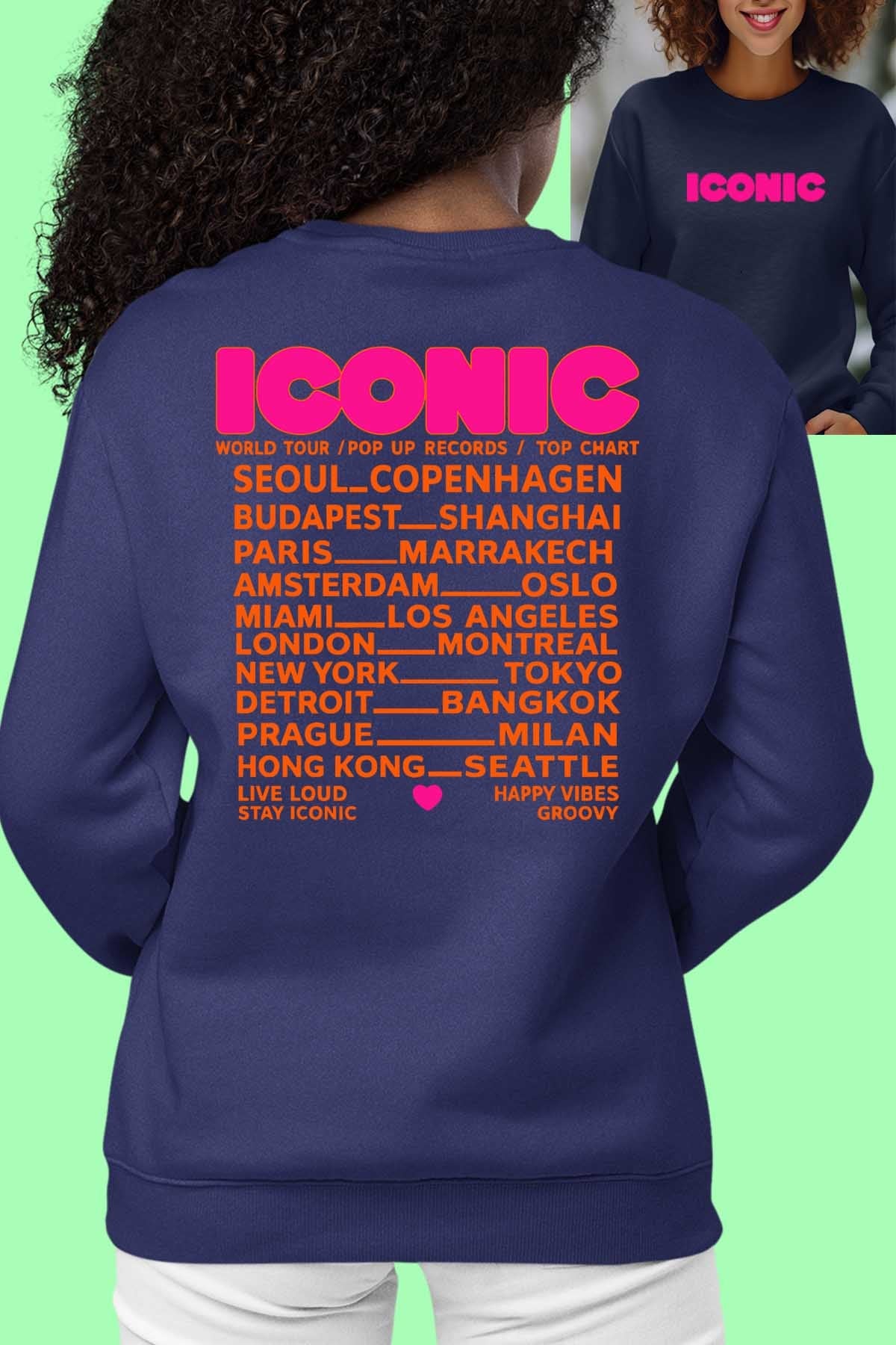 COULEUR:Marine|Sweat Col Rond Femme | iconic Fluo Orange Marine