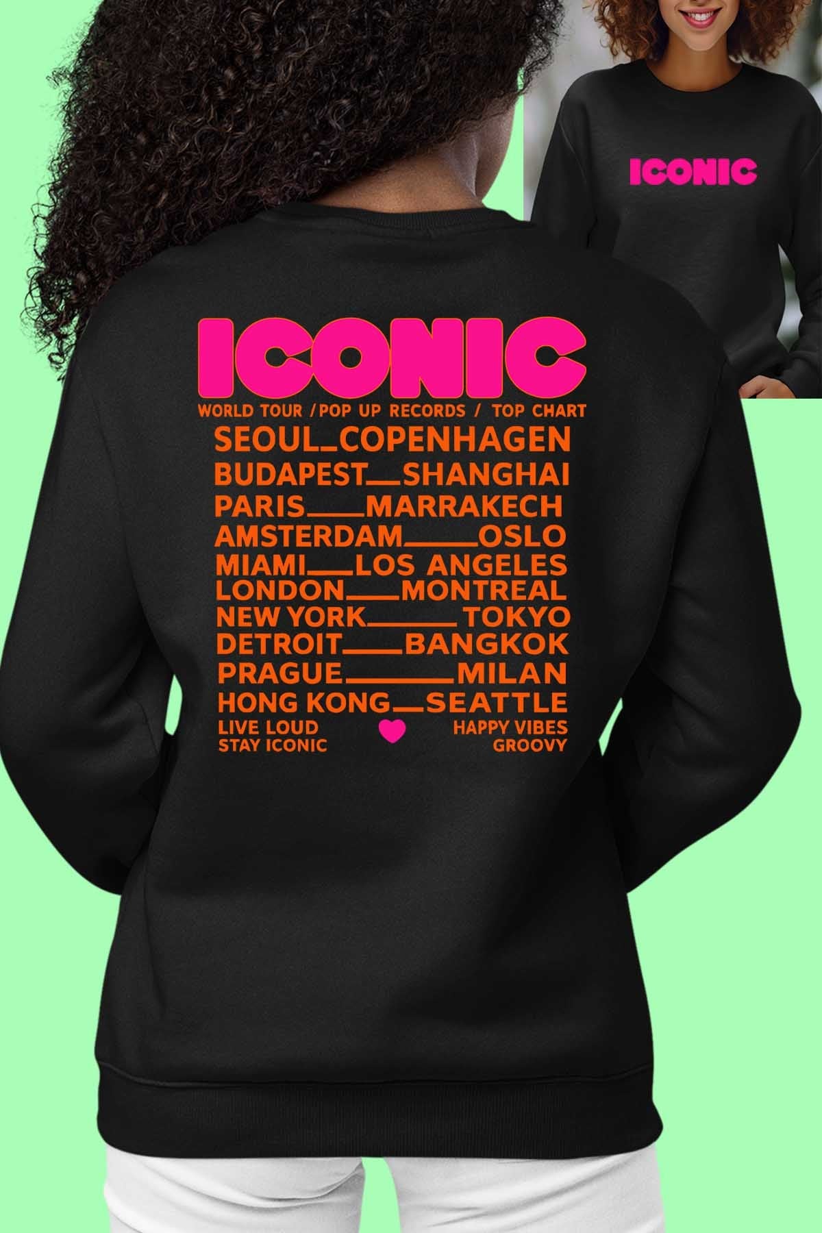 COULEUR:Noir|Sweat Col Rond Femme | iconic Fluo Orange Noir