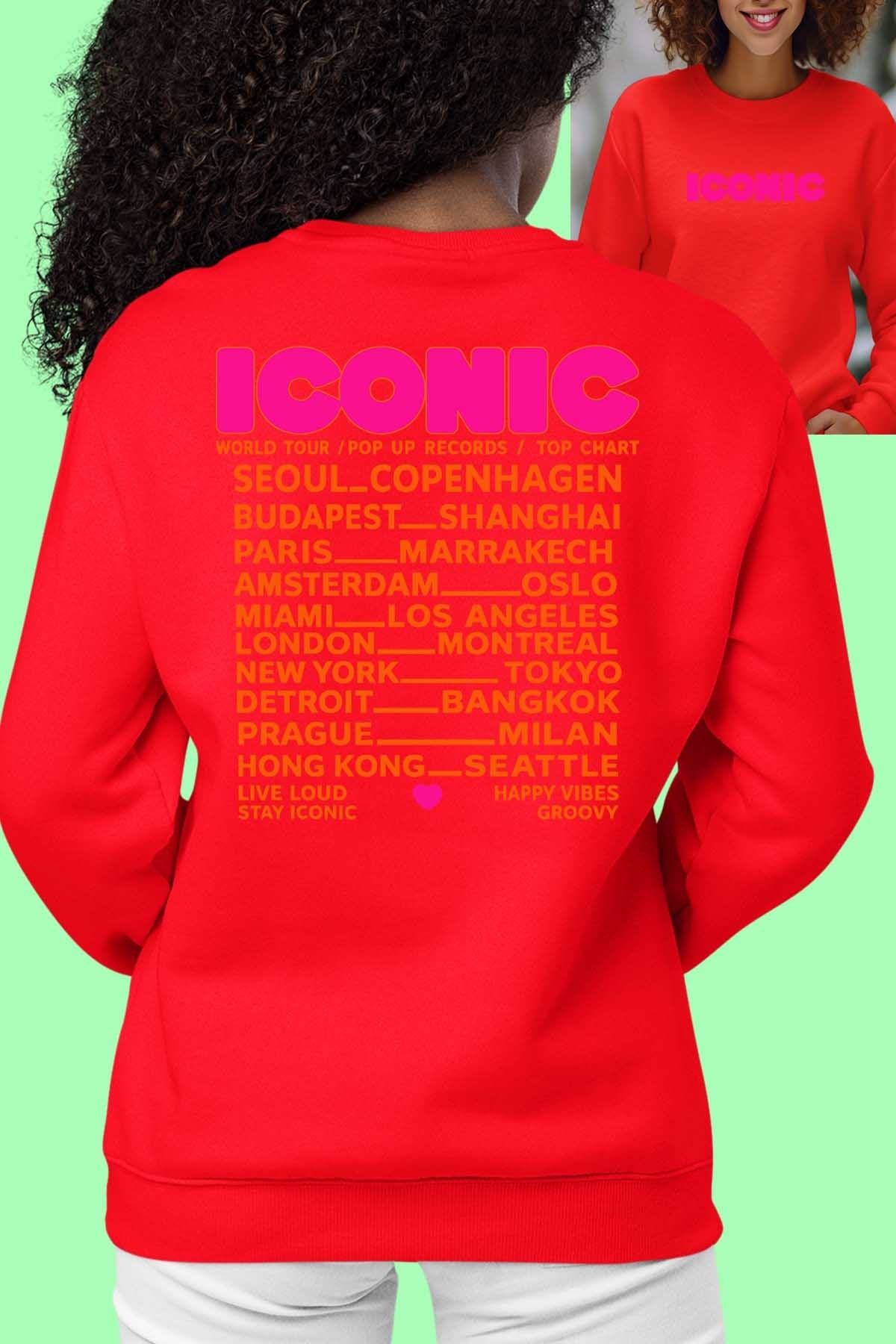 COULEUR:Rouge|Sweat Col Rond Femme | iconic Fluo Orange Rouge