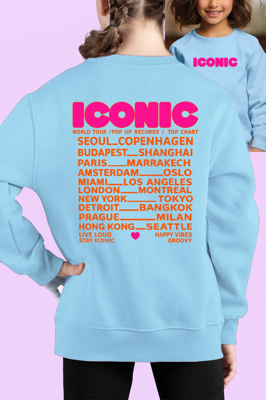 COULEUR:Bleu Ciel|Sweat Col Rond Fille | iconic Fluo Orange Bleu Ciel
