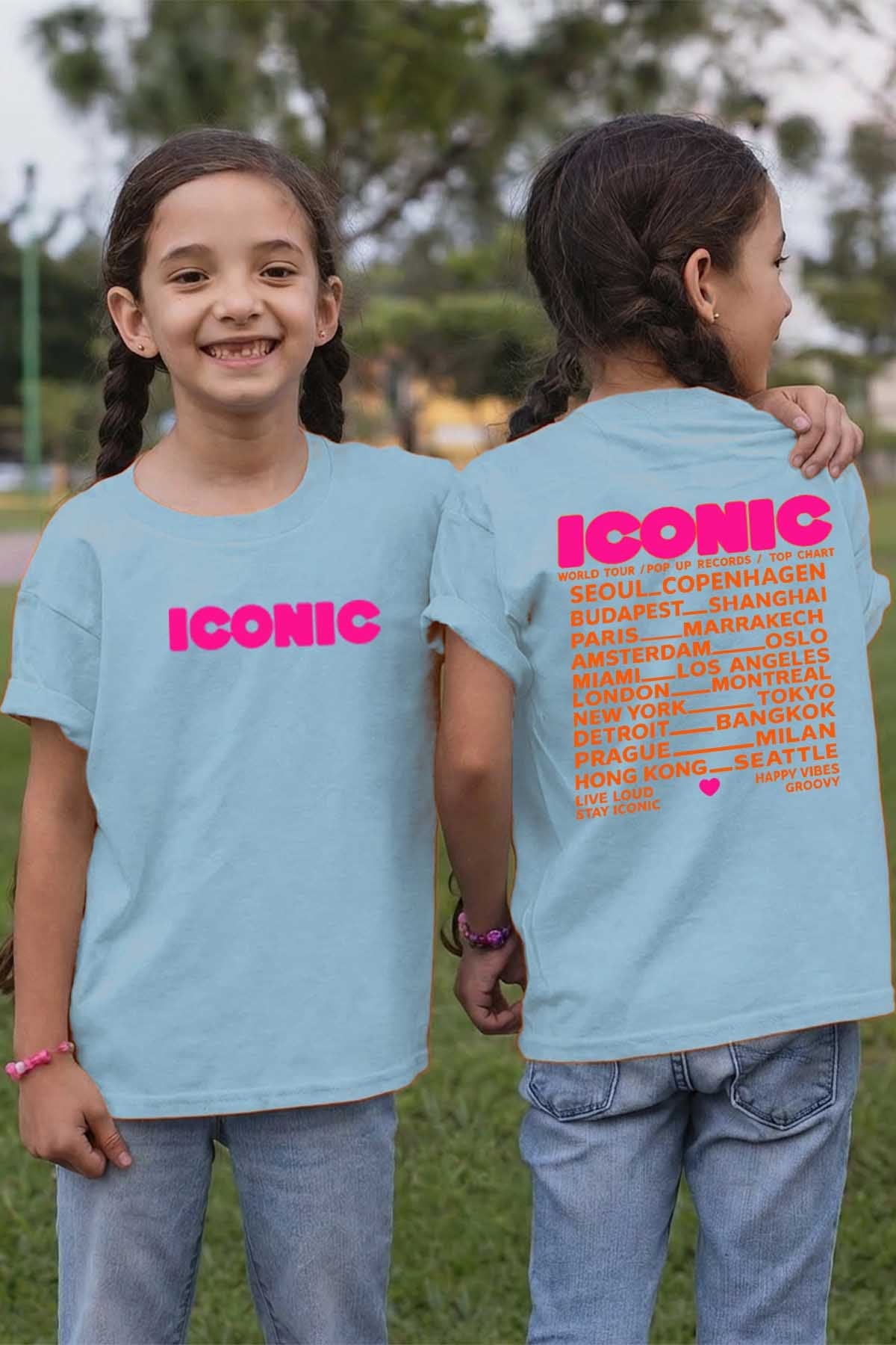 COULEUR:Bleu Ciel|T-shirt Fille | iconic Fluo Orange Bleu Ciel