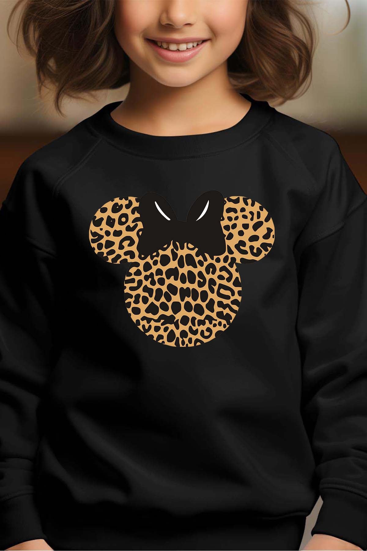 COULEUR:Noir|Sweat Col Rond Fille | leopard Minnie Noir