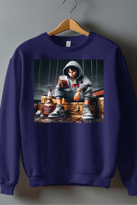 COULEUR:Marine|Sweat Col Rond Garçon | luffy tisse Marine