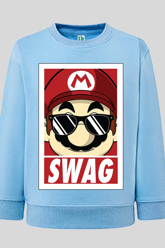 COULEUR:Bleu Ciel|Sweat Col Rond Garçon | mario swag Bleu Ciel
