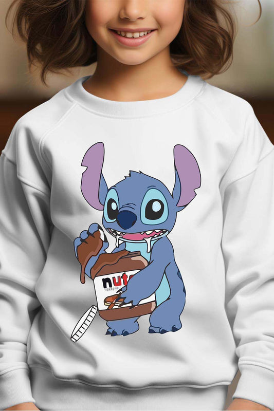 COULEUR:Blanc|Sweat Col Rond Fille | stich nutella Blanc