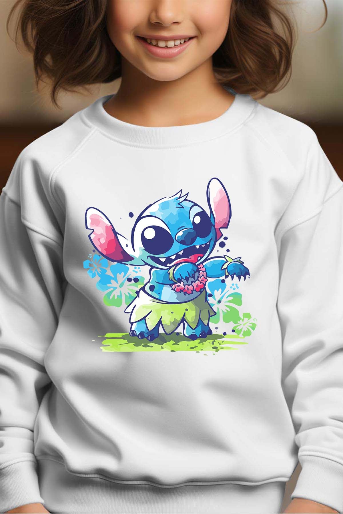 COULEUR:Blanc|Sweat Col Rond Fille | stitch aloha hawaii Blanc