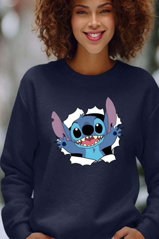 COULEUR:Marine|Sweat Col Rond Femme | stitch déchiré Marine