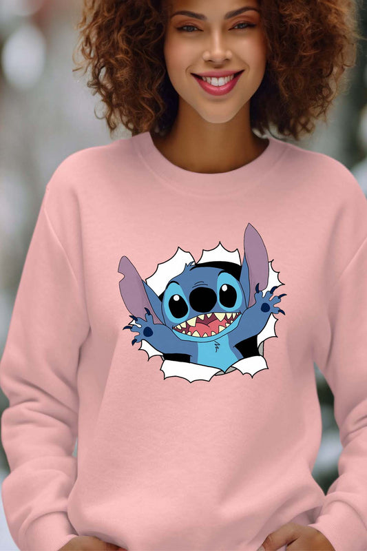 COULEUR:Rose|Sweat Col Rond Femme | stitch déchiré Rose