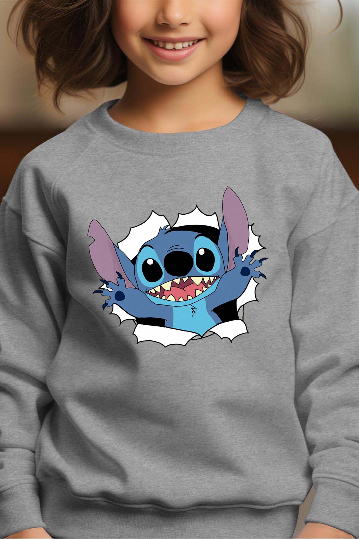 COULEUR:Gris|Sweat Col Rond Fille | stitch déchiré Gris