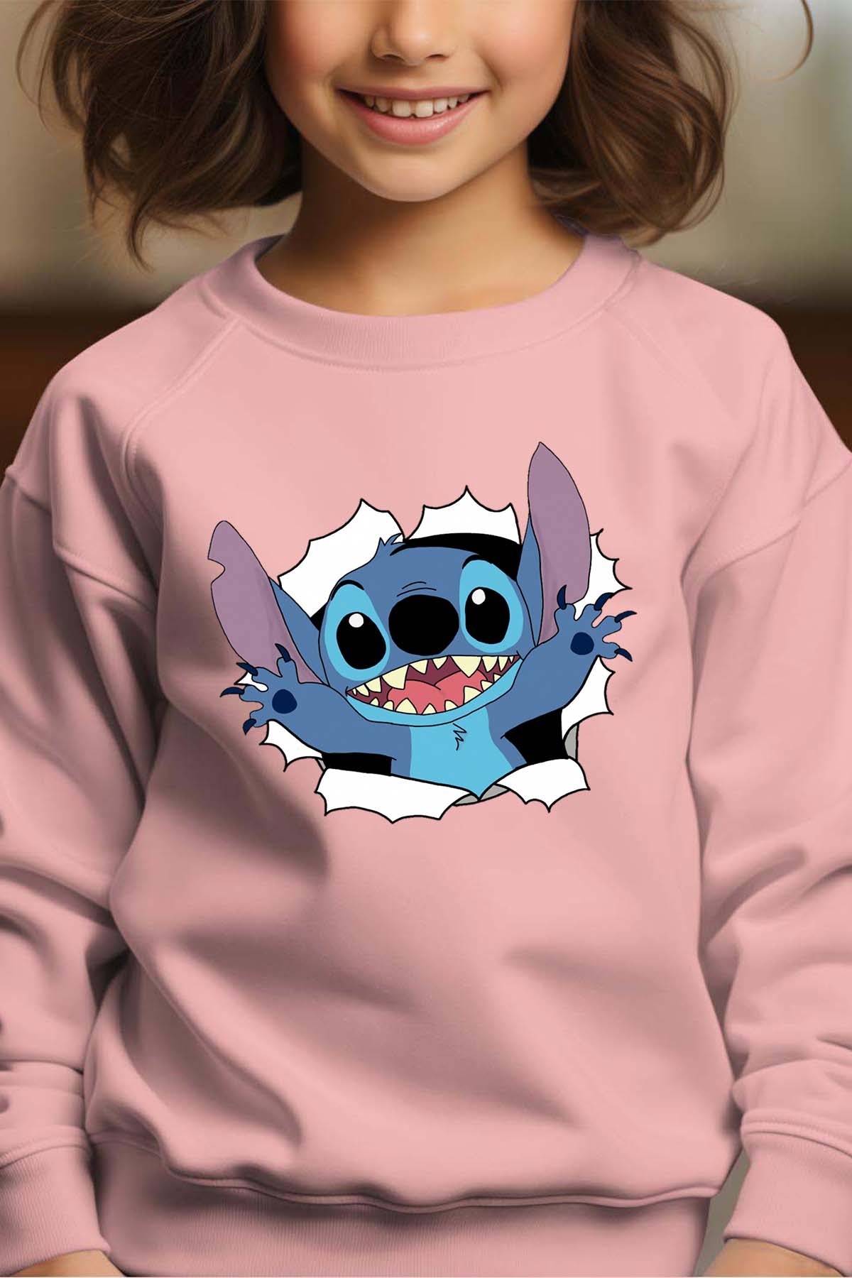 COULEUR:Rose|Sweat Col Rond Fille | stitch déchiré Rose