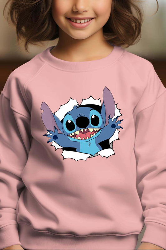 COULEUR:Rose|Sweat Col Rond Fille | stitch déchiré Rose