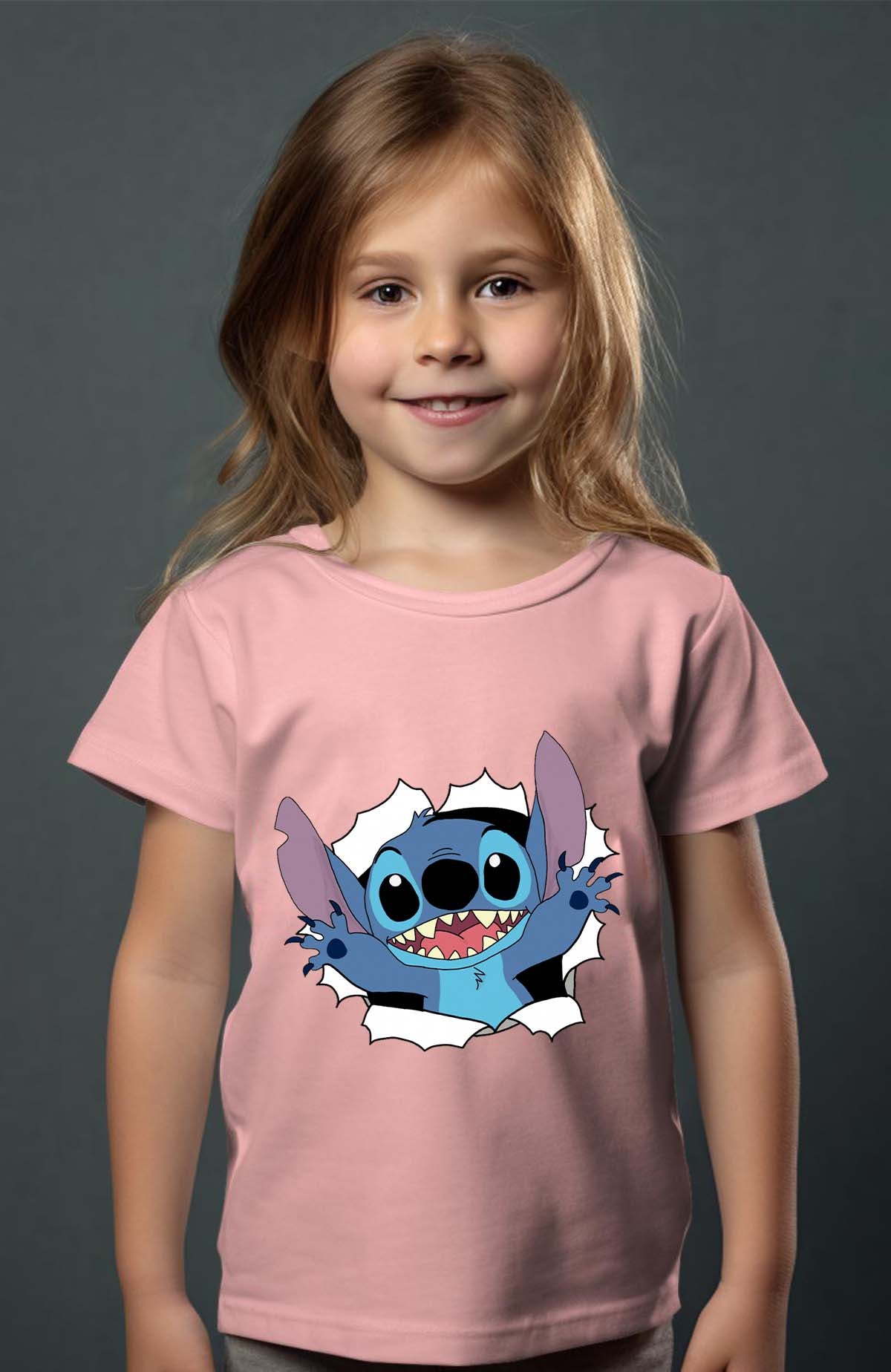 COULEUR:Rose|T-shirt Fille | stitch déchiré Rose