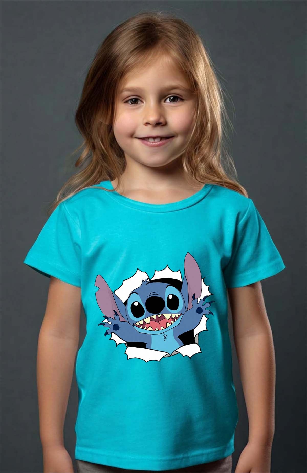 COULEUR:Turquoise|T-shirt Fille | stitch déchiré Turquoise