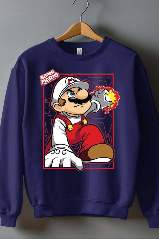 COULEUR:Marine|Sweat Col Rond Garçon | super mario feu Marine