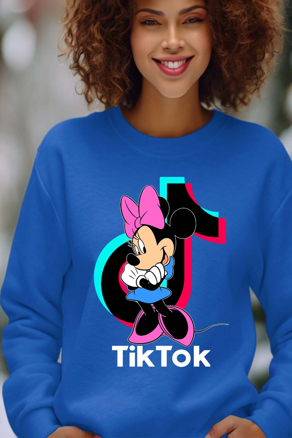 COULEUR:Bleu Roi|Sweat Col Rond Femme | tiktok minnie M2 Bleu Roi