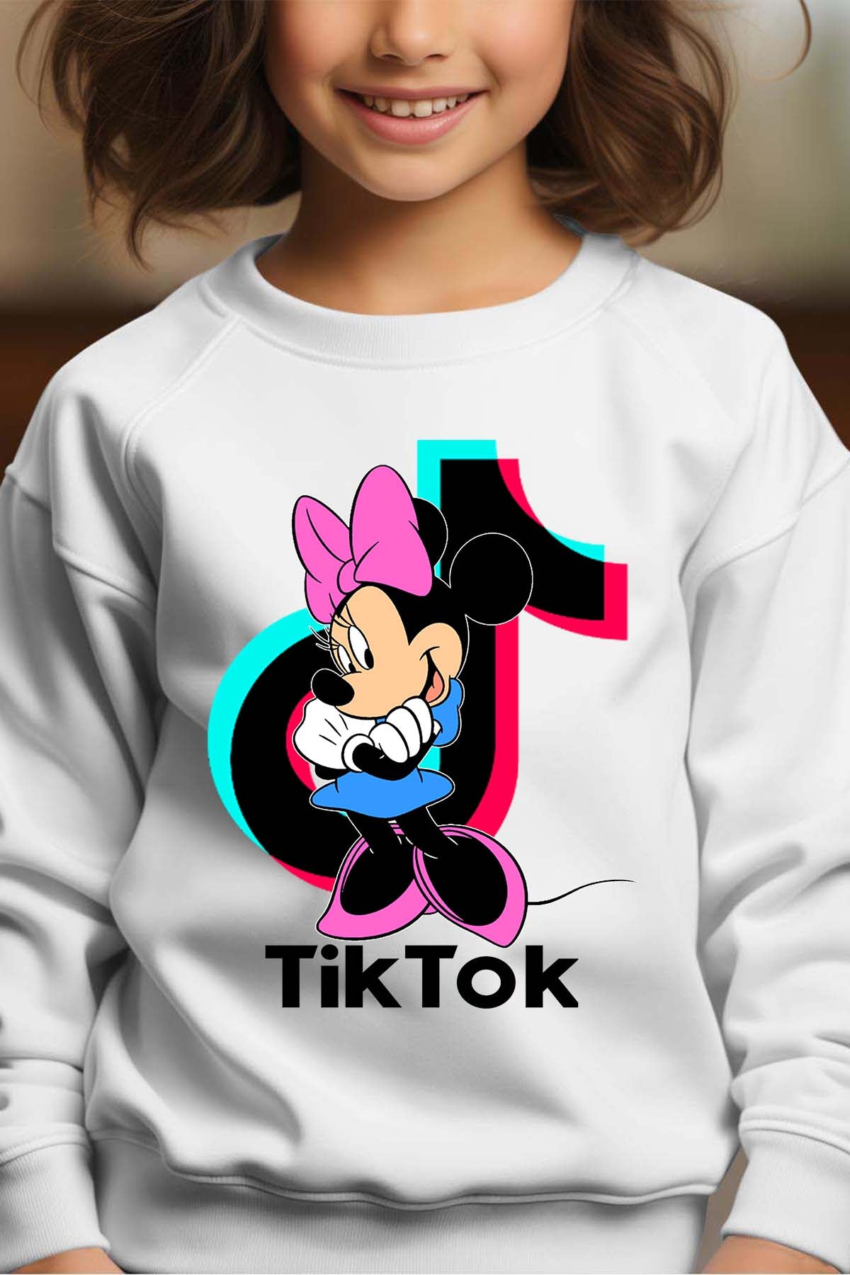 COULEUR:Blanc|Sweat Col Rond Fille | tiktok minnie M2 Blanc