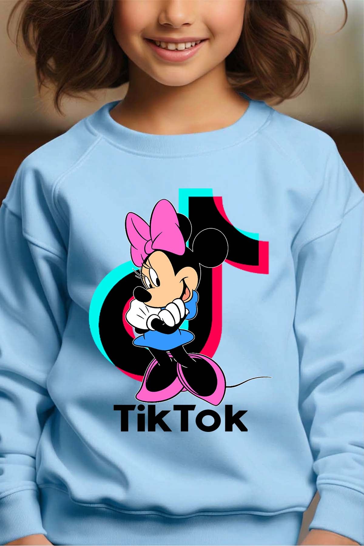 COULEUR:Bleu Ciel|Sweat Col Rond Fille | tiktok minnie M2 Bleu Ciel